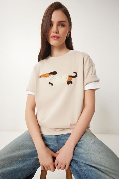 Lovelyİstanbul Oversize Πλεκτό T-Shirt - κεντημένο Βαμβακερό CREAM LCR0031