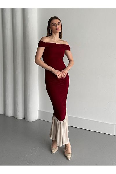 Laluvia Rochie burgundă cu volane cu decolteu barcă - 4798