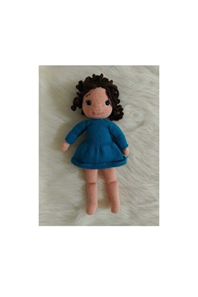 Mavi Elbiseli Kız Organik Örgü Bebek 32cm