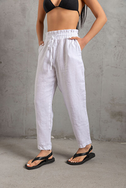 Maule Bílé 100% originální plátno Hacuç střižené šněrovací elastické dámské kalhoty @valensiya