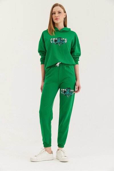 CALİENTE Kapüşonlu Baskılı Eşofman Takım Yeşil