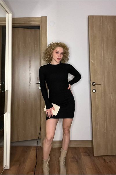 Gülmude Mini rochie neagră cu guler stand Bumbac țesătură confortabilă
