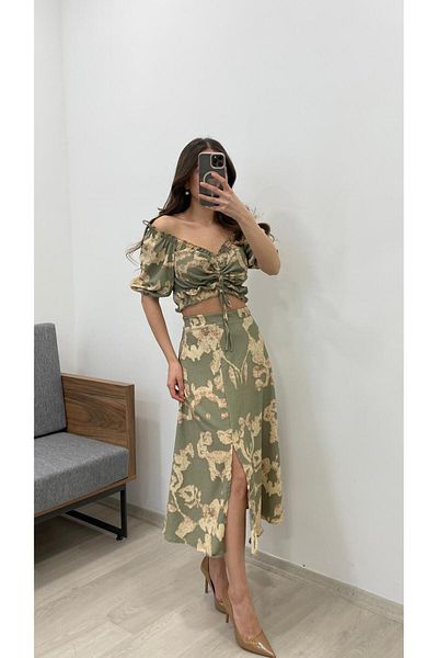 Nazline Women's Gathered Madona Collar Top Elastic Waist Slit Midi Skirt Set