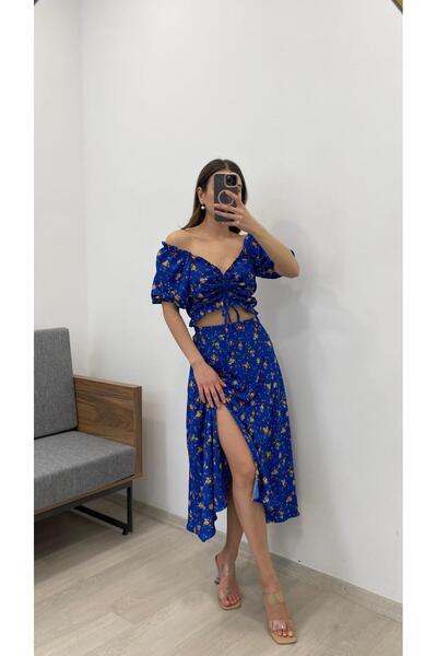 Nazline Women's Gathered Madona Collar Top Elastic Waist Slit Midi Skirt Set