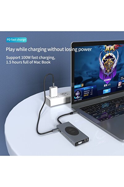 Daytona W13 Macbook Uyumlu Type C To 4K HDMI-2*usb3.0-3*usb2.0 VGA Sd/tf Audıo Lan Wireless Şarj 13IN1 Hub