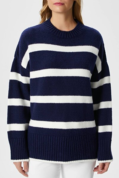 Ritnice Women's Homy Soft Crew Neck Navy Blue White Striped Oversize Knitwear Sweater
