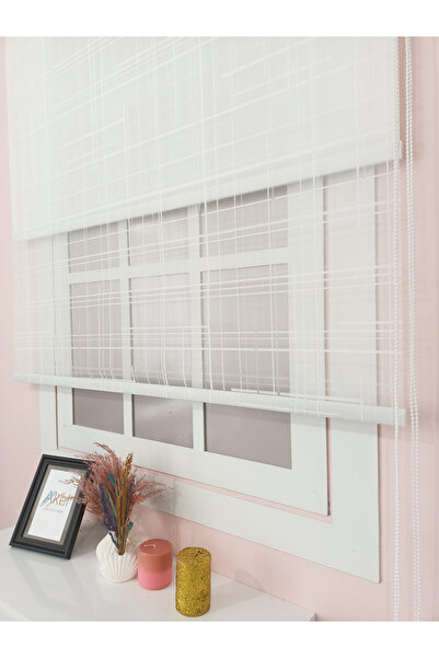 akel collection Beyaz İnce Çizgili Çiftli Sistem Tül ve Stor Perde - Minimali...