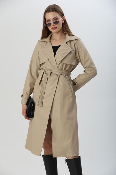 CALİENTE Belted Waist Buttoned Trench Coat Beige