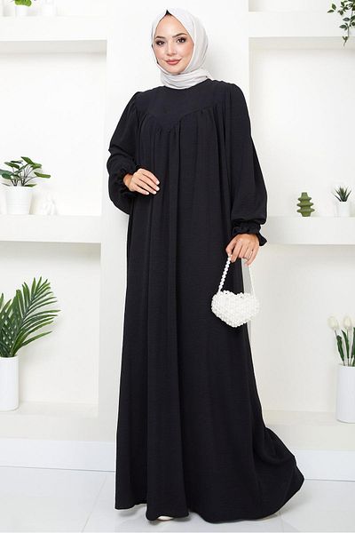 hafsamina Black Gathered Robe Dress - Hm2501