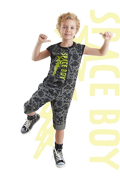 Denokids Grauer Overall für Jungen mit Weltraumrakete