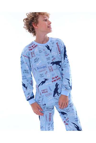 İsobel Kids Erkek Çocuk %100 Pamuklu Mavi Dinazor Desenli Uzun Kollu Pijama Takımı