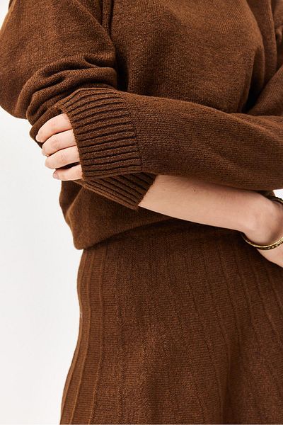 CALİENTE Turtleneck Skirted Knitwear Bottom Top Set Brown