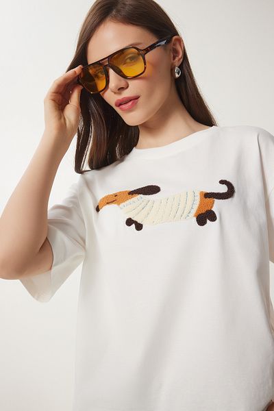 Lovelyİstanbul Tricou tricotat supradimensionat - Bumbac brodat ECRU LCR0031