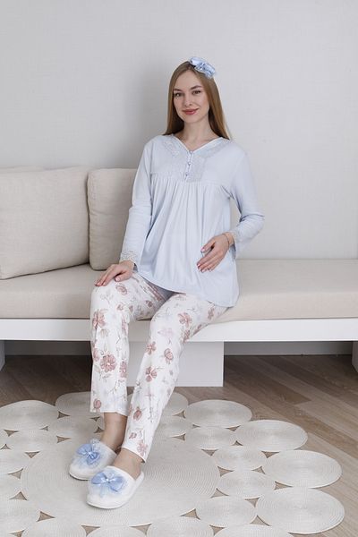 ERDENİZ TEKSTİL Button Collar Long Sleeve Maternity-Pregnant Pajama Set