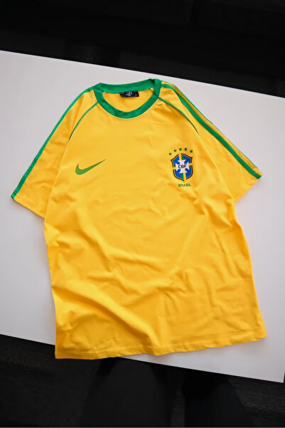 EFBUTİK Unisex T-shirt με κίτρινο Vintage Brasil Green Stripe