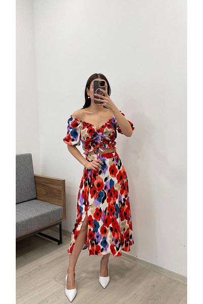Nazline Women's Gathered Madona Collar Top Elastic Waist Slit Midi Skirt Set