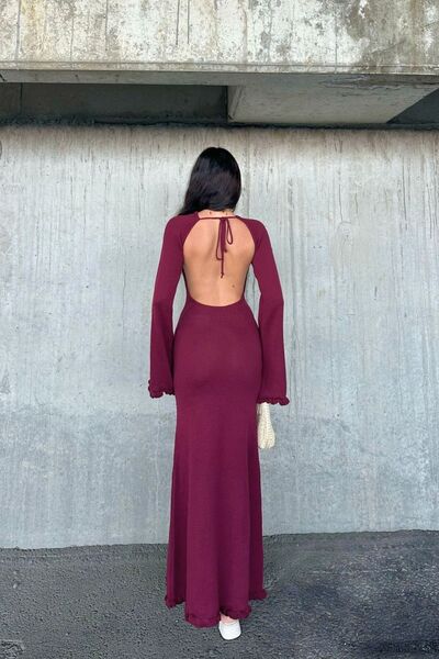 FMN Moda Women's Deep Back Low-Cut Design Long Mesh Bell Skirt Waist Fitted Pinterest Matching Dress