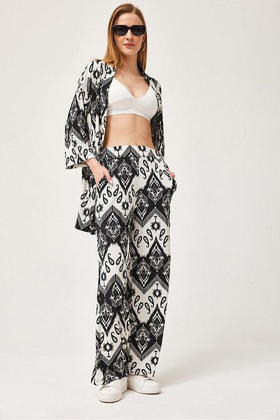 CALİENTE Patterned Crinkle Kimono Trousers Double Set Black