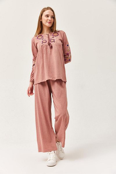CALİENTE Hera Fabric Front and Sleeves Embroidered Double Suit Dusty Rose