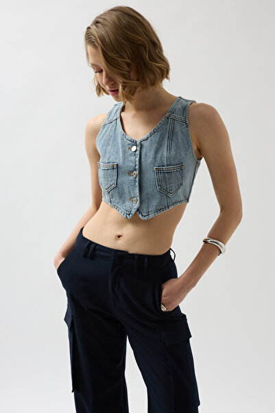 Black Fashion Jeans Pocket Light Blue Vest