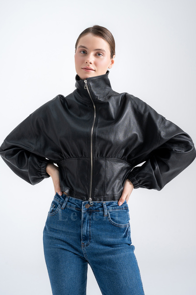 Lebeni Kadın Siyah Hakiki Deri Bomber Ceket – Balon Kol Kısa Oversize Modern ...