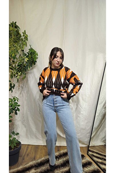 Fortuna Butik Oversize Baklava Dilimli Turuncu-Kahve Kazak