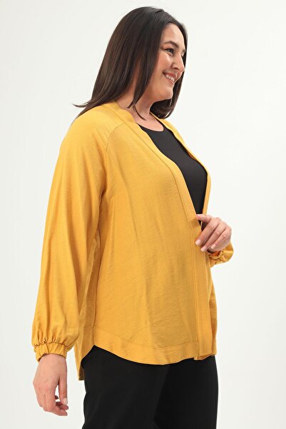 Metpoint Trend42plus Büyük Beden Sırt Taş Baskılı Oversize Hardal Ceket
