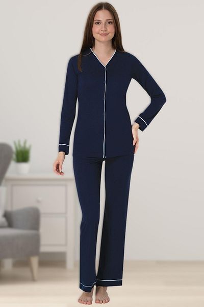 Pelin Women's Navy Blue Front Buttoned Ribbed Maternity Pajama Set