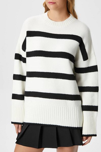 Ritnice Women's Homy Soft Crew Neck Ecru Black Striped Oversize Sweater Sweater