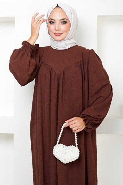 hafsamina HM2501 Μοντέλο Καφέ Ρόμπα Μαζευμένο Φόρεμα