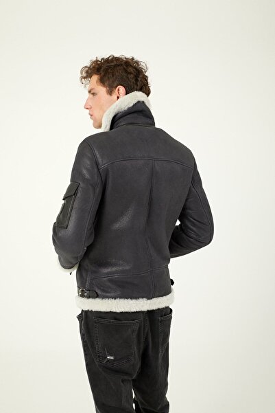 Deriderim Black Inside White Furry Herman Side Zipper Collar Buckle Slim Fit Biker Men's Genuine Fur Coat