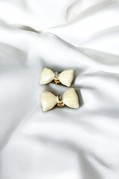 Trend aksesuar Taş Detaylı Krem Fiyonk Klipsli Düğme Aksesuarı 1 Çift