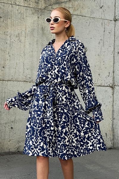 VAGGON Γυναικείο πουκάμισο Navy Blue γιακά με κουμπιά μπροστά με λεπτομέρεια υφαντό φόρεμα Prmx12958