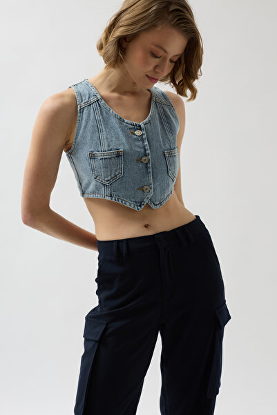 Black Fashion Jeans Pocket Light Blue Vest