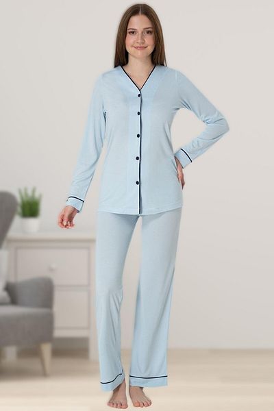 Pelin Set de pijamale de maternitate pentru femei, albastru, cu nasturi în față