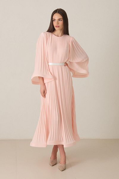 Setre Powder Waist Belt and Pleat Detailed Crew Neck Midi Dress
