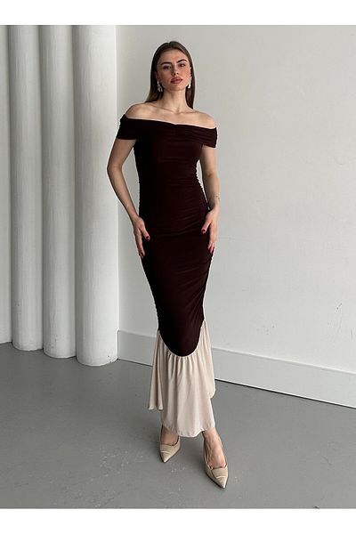 Laluvia Rochie maro cu volane cu gât barcă - 4798