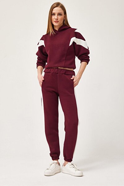 CALİENTE Hooded Tracksuit with Striped Sleeves Burgundy