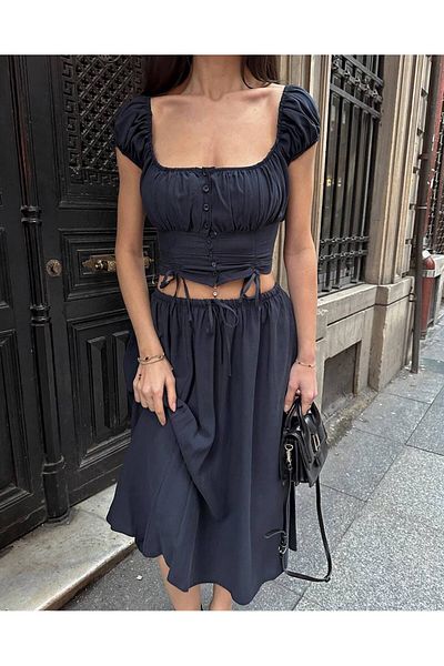 LOCH BUTİK Women's Navy Blue Bustier Front Drawstring Detail Skirted Double Suit