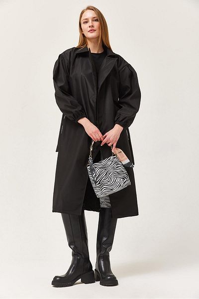 CALİENTE Waist Belted Oversize Trench Coat Black