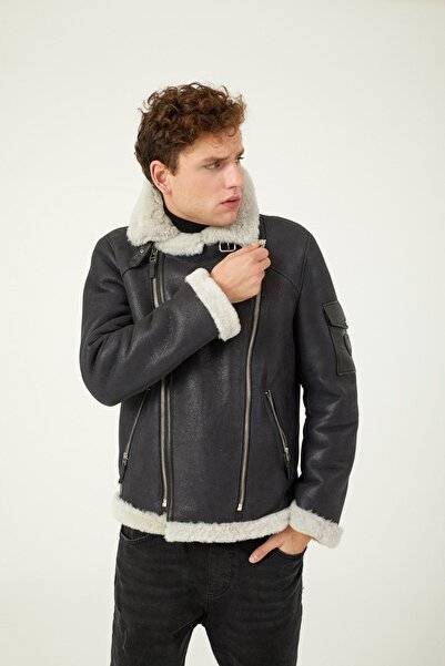 Deriderim Black Inside White Furry Herman Side Zipper Collar Buckle Slim Fit Biker Men's Genuine Fur Coat