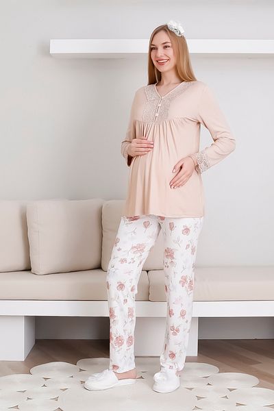 ERDENİZ TEKSTİL Maternity Pajamas Set Melisa Fabric Floral Patterned / Lace Detailed Buttoned Front