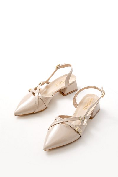 Büşra Çetin Mary Jane Women's Cream Open Back Pointed Toe Short Block Heels with Baretli Belt Detail