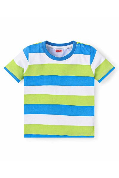Babyhug Single Jersey Knit Half Sleeves Striped T-Shirt & Shorts Set Pockets-Light Blue Green &White