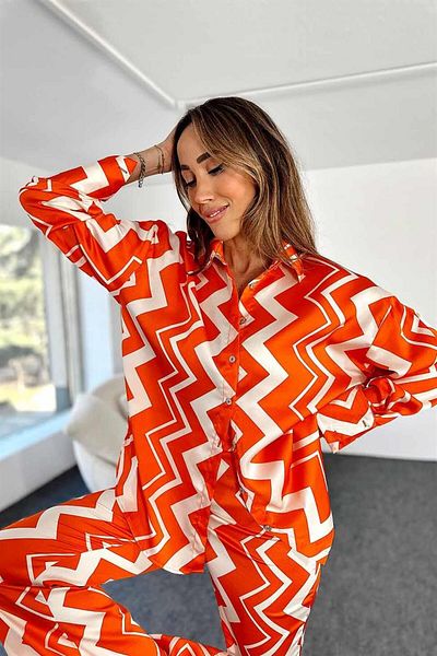 Maldia Shop Women's Patterned Flare Leg Shirt and Trousers Orange Satin Suit