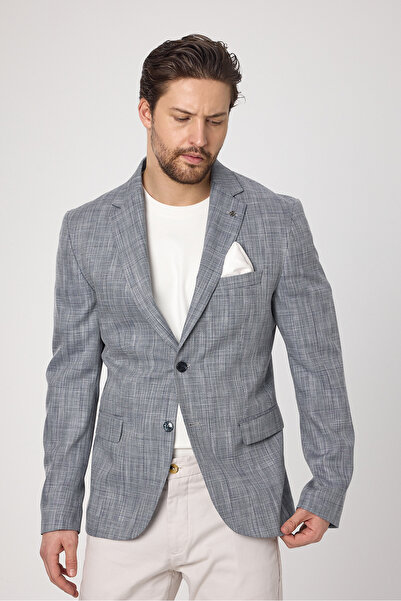 Frappoli Zenos Erkek Lacivert Keten Görnümlü İlkbahar-Yaz Ekose Blazer Ceket