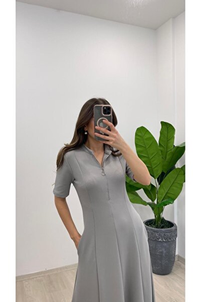 Nazline Γυναικείο μακρύ φόρεμα με γιακά δικαστή με φερμουάρ από ελαστικό ύφασμα