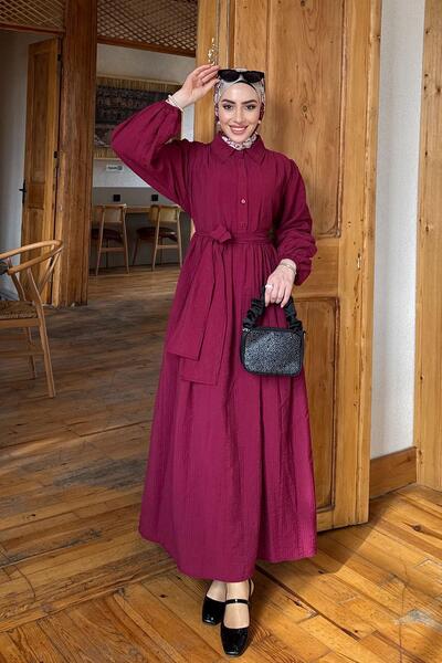 MELEK ARAZ فستان أحمر كلاريت بنصف زر وخصر مطاطي