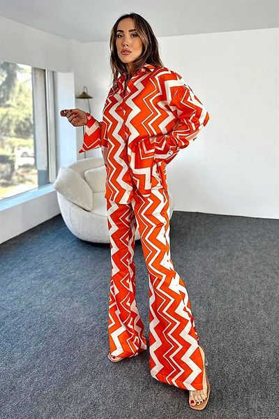 Maldia Shop Women's Patterned Flare Leg Shirt and Trousers Orange Satin Suit