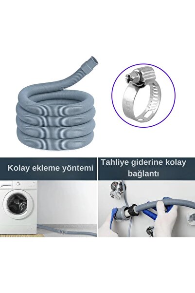 Banyolove Çamaşır Bulaşık Makinesi Pis Su Giriş Hortumu, Körüklü Tahliye Hortumu, 3 Mt (Kelepçesi Dahildir)
